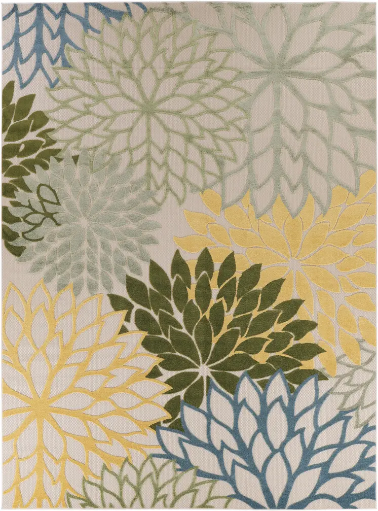 9' X 12' Green Yellow Blue Ivory And Dark Green Floral Indoor Outdoor Area Rug
