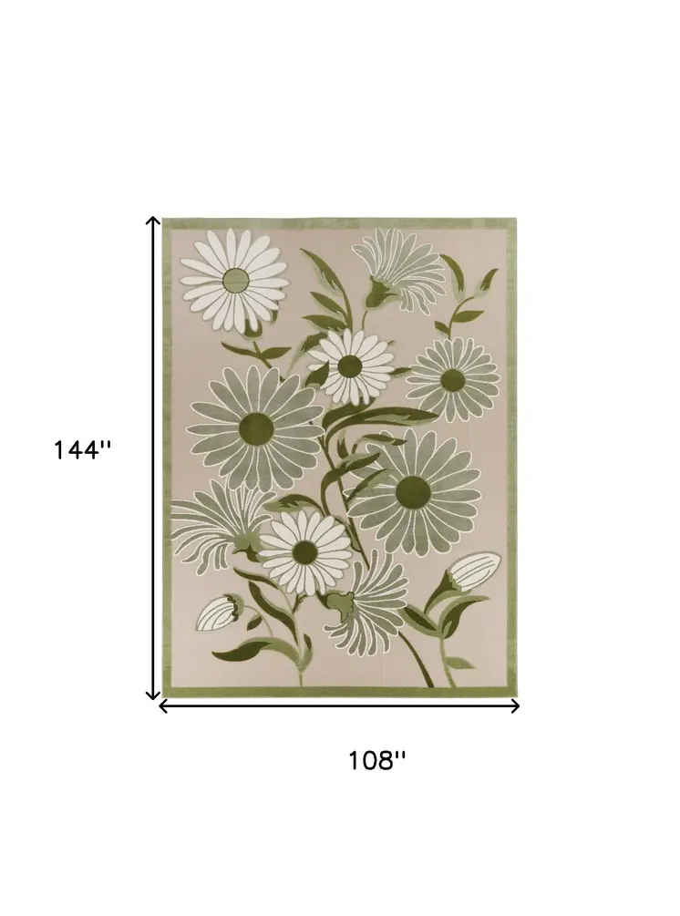 9' X 12' Ivory And Green Floral Indoor Outdoor Area Rug