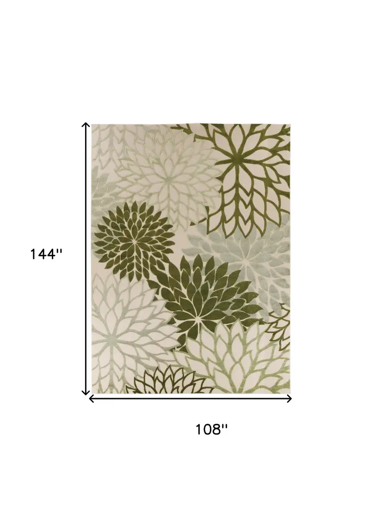 9' X 12' Ivory And Green Floral Indoor Outdoor Area Rug