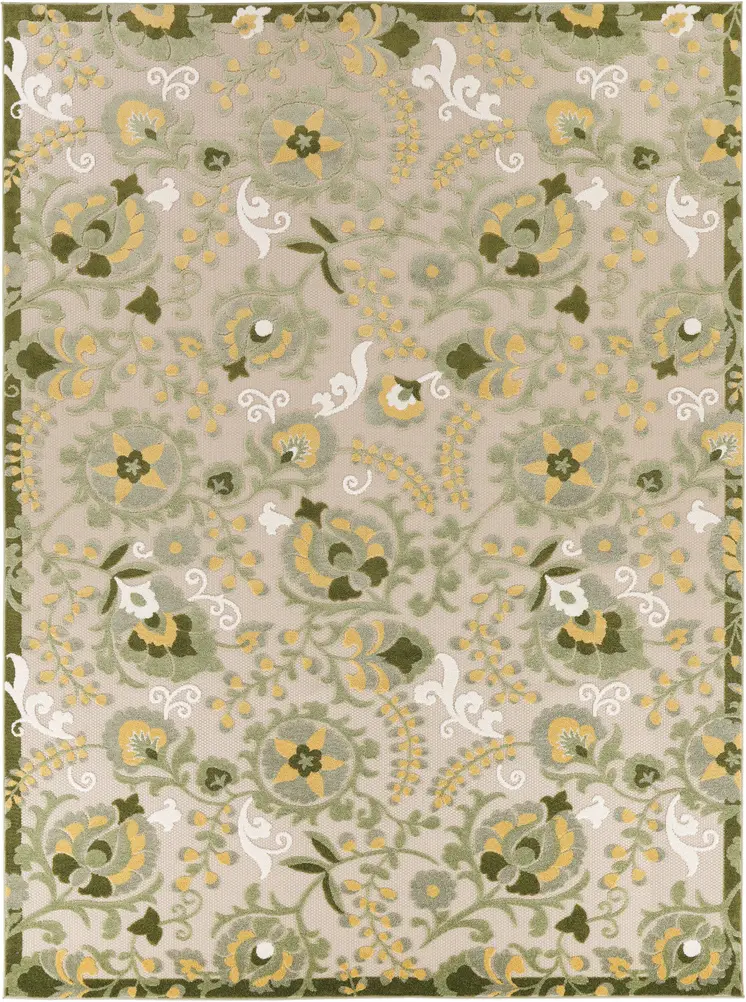 9' X 12' Ivory Green And Yellow Floral Indoor Outdoor Area Rug