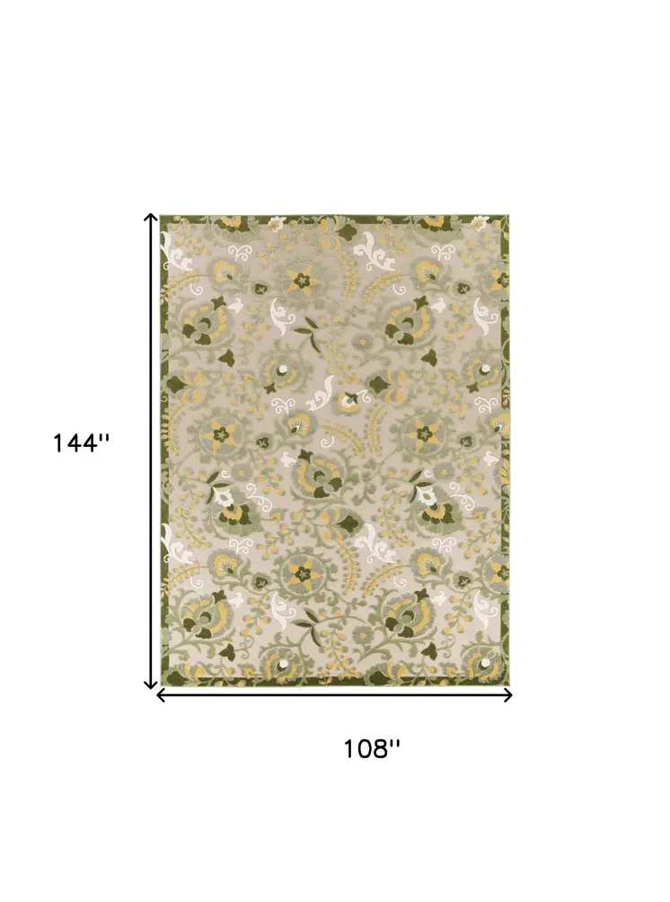 9' X 12' Ivory Green And Yellow Floral Indoor Outdoor Area Rug