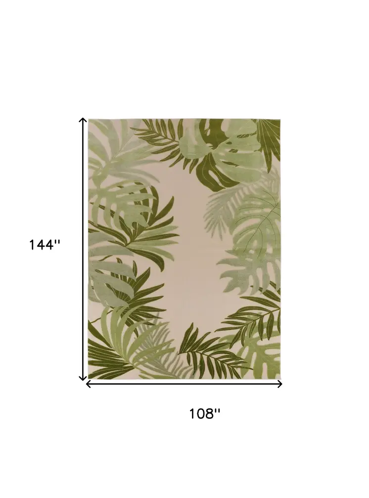 9' X 12' Ivory And Green Palm Leaf Indoor Outdoor Area Rug