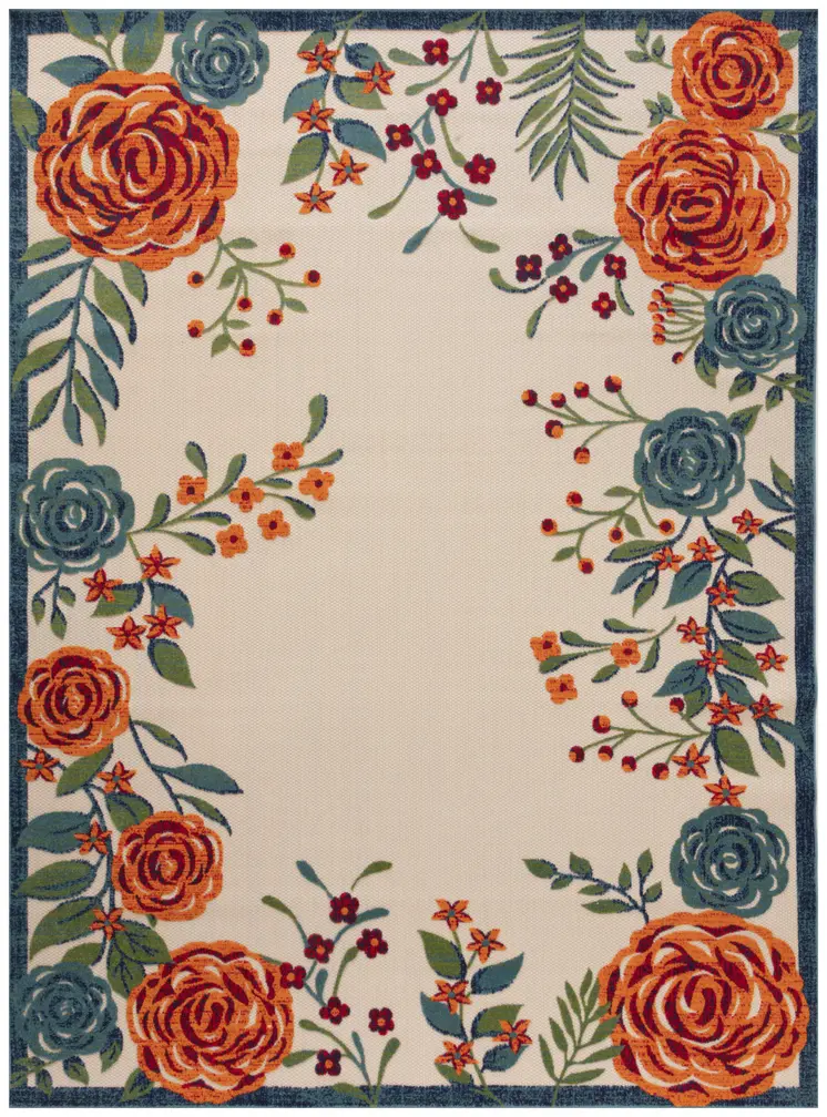 9' X 12' Ivory Green Blue Red And Orange Floral Indoor Outdoor Area Rug