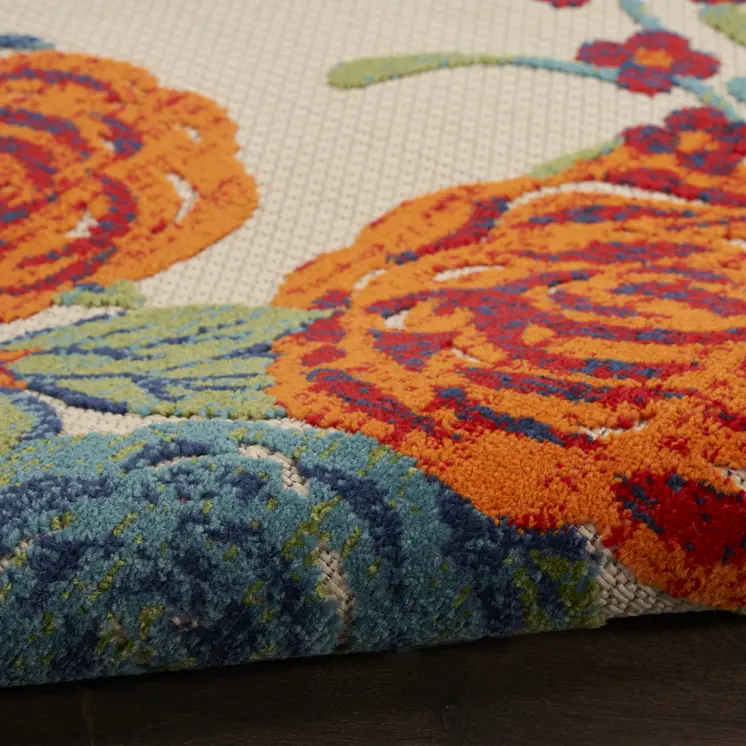 9' X 12' Ivory Green Blue Red And Orange Floral Indoor Outdoor Area Rug