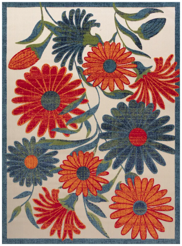 9' X 12' Ivory Red Blue And Green Floral Indoor Outdoor Area Rug