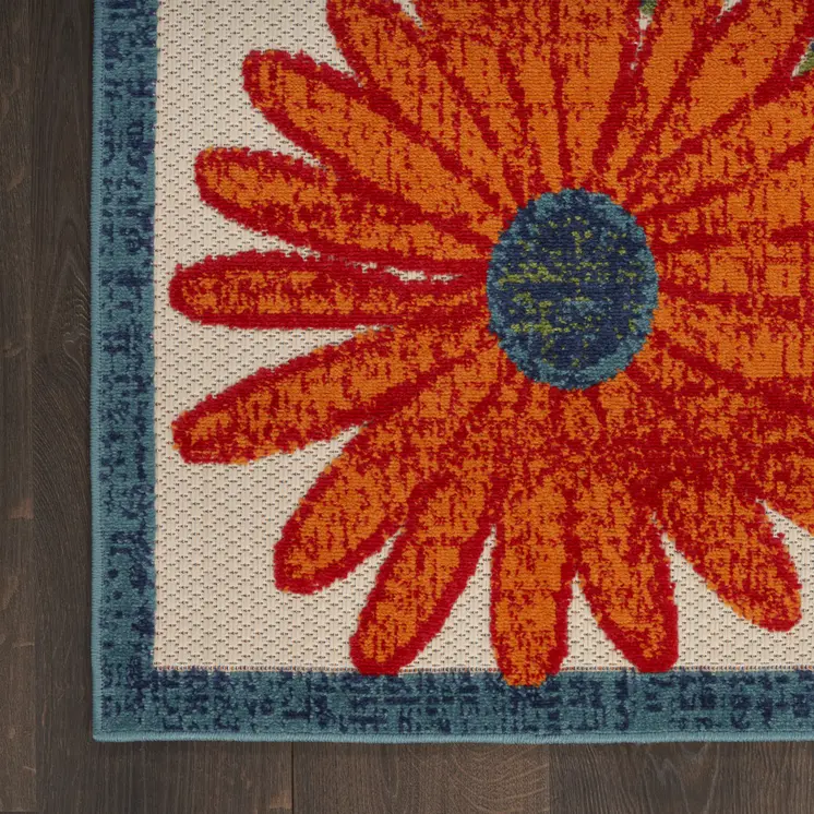 9' X 12' Ivory Red Blue And Green Floral Indoor Outdoor Area Rug
