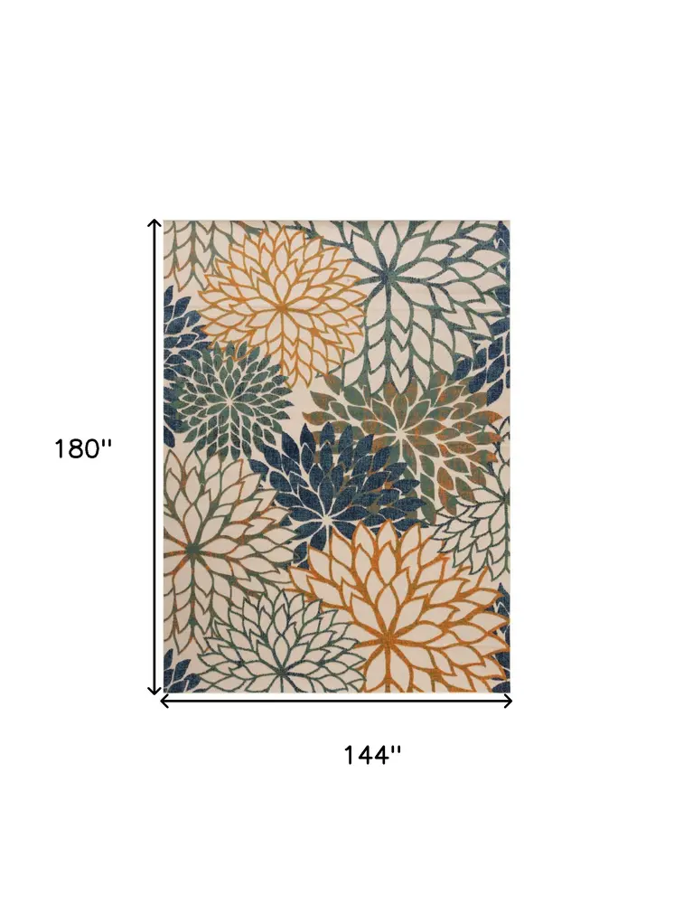 12' X 15' Blue Green And Orange Floral Indoor Outdoor Area Rug