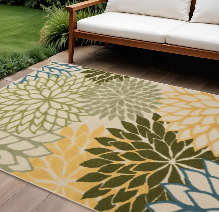 12' X 15' Green Blue Yellow And Dark Green Floral Indoor Outdoor Area Rug