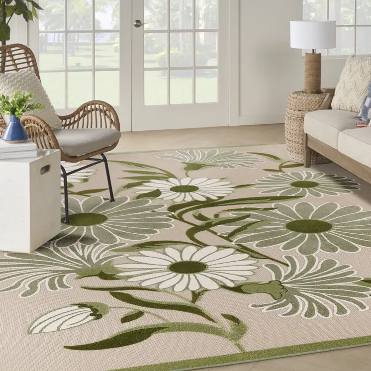 12' X 15' Ivory And Green Floral Indoor Outdoor Area Rug