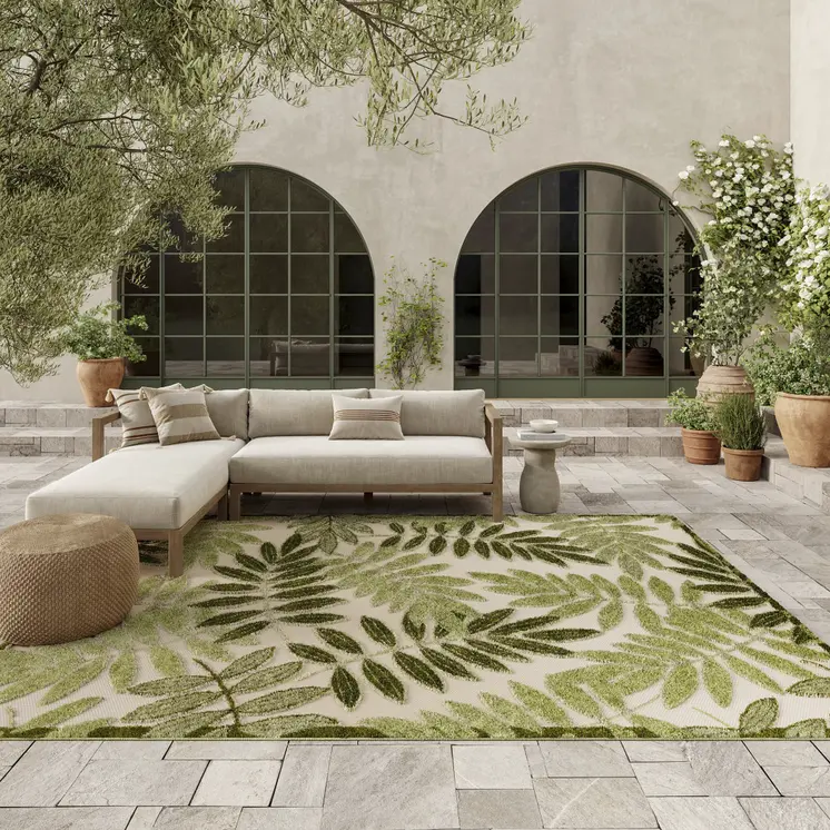 12' X 15' Ivory And Green Floral Indoor Outdoor Area Rug