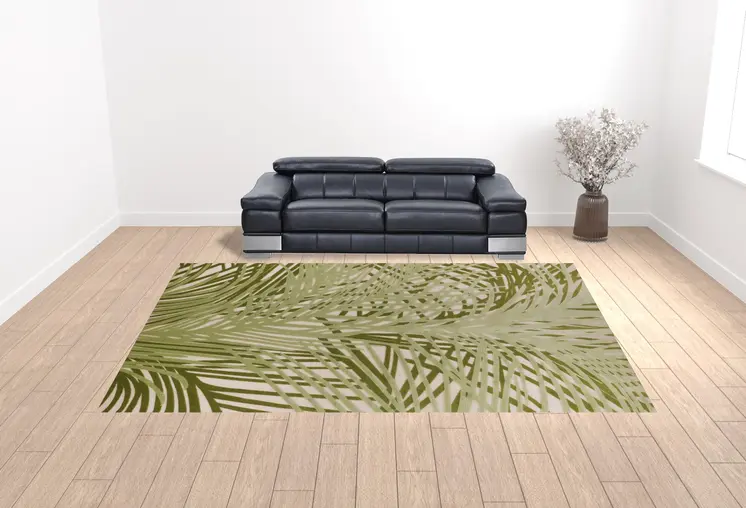 12' X 15' Ivory And Green Palm Leaf Indoor Outdoor Area Rug