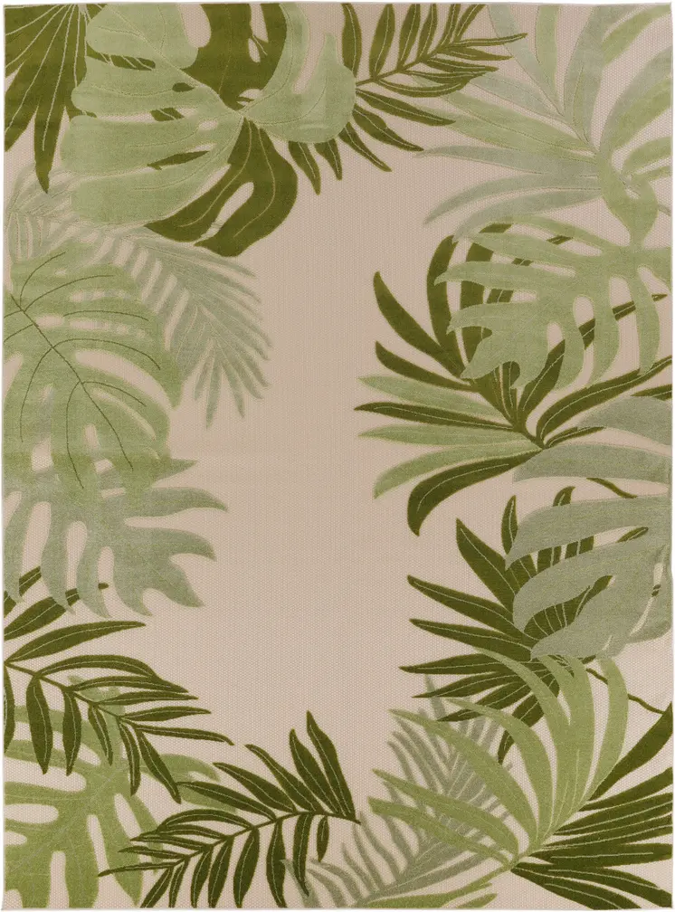 12' X 15' Ivory And Green Palm Leaf Indoor Outdoor Area Rug