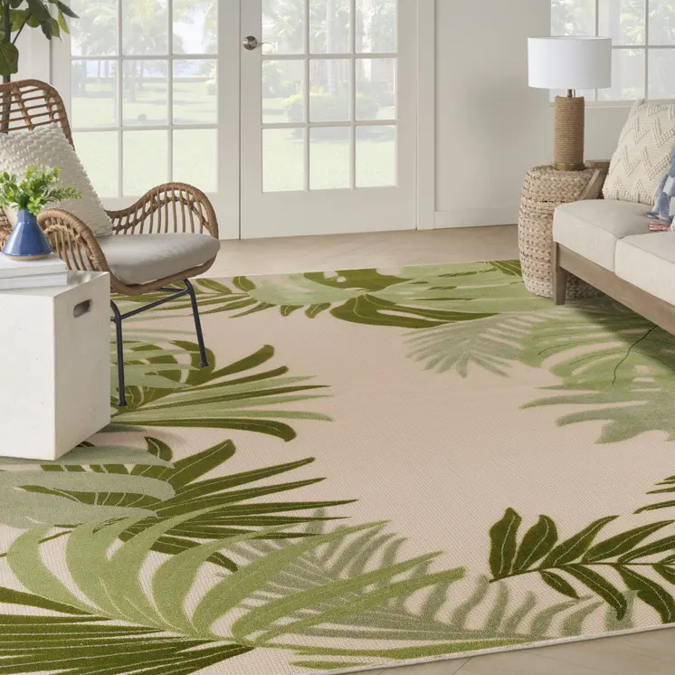 12' X 15' Ivory And Green Palm Leaf Indoor Outdoor Area Rug