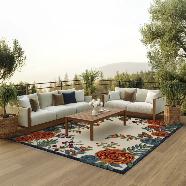 12' X 15' Ivory Green Orange Blue And Red Floral Indoor Outdoor Area Rug