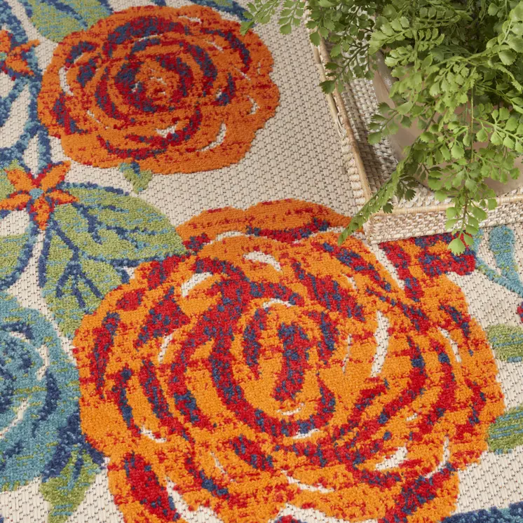 12' X 15' Ivory Green Orange Blue And Red Floral Indoor Outdoor Area Rug