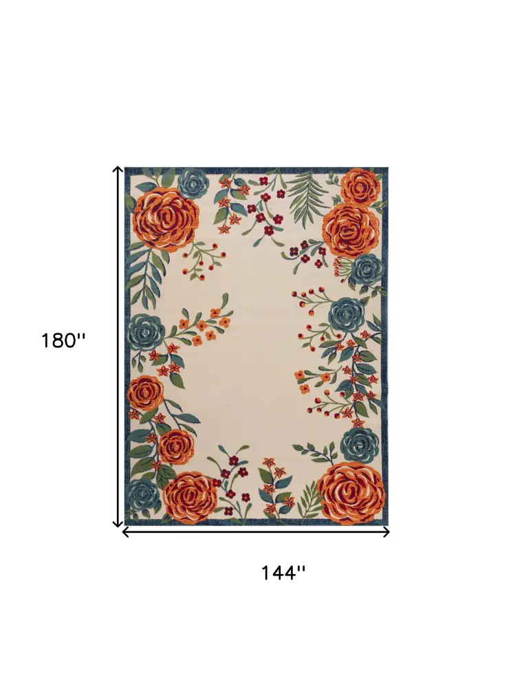 12' X 15' Ivory Green Orange Blue And Red Floral Indoor Outdoor Area Rug