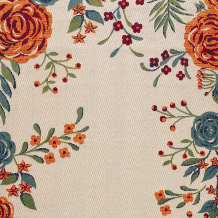 12' X 15' Ivory Green Orange Blue And Red Floral Indoor Outdoor Area Rug