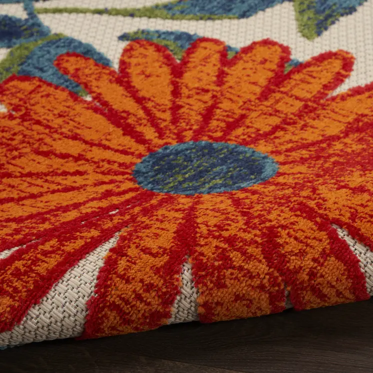 12' X 15' Ivory Green Orange Blue And Red Floral Indoor Outdoor Area Rug