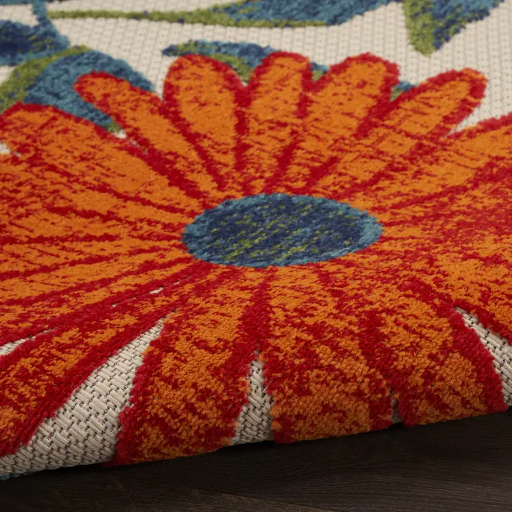12' X 15' Ivory Green Orange Blue And Red Floral Indoor Outdoor Area Rug