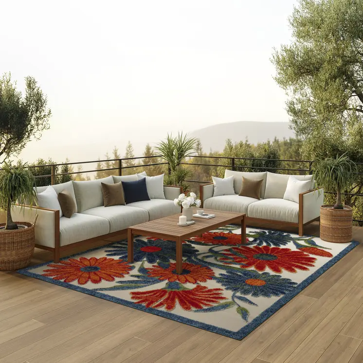 12' X 15' Ivory Green Orange Blue And Red Floral Indoor Outdoor Area Rug