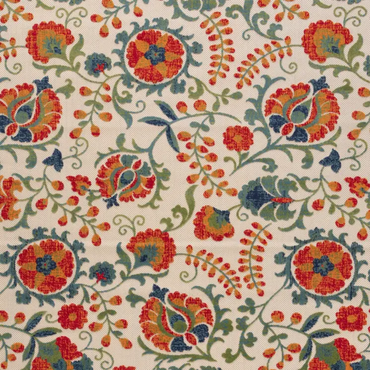 12' X 15' Ivory Green Orange Blue And Red Floral Indoor Outdoor Area Rug