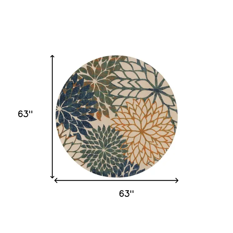 5' Blue Green And Yellow Round Floral Indoor Outdoor Area Rug