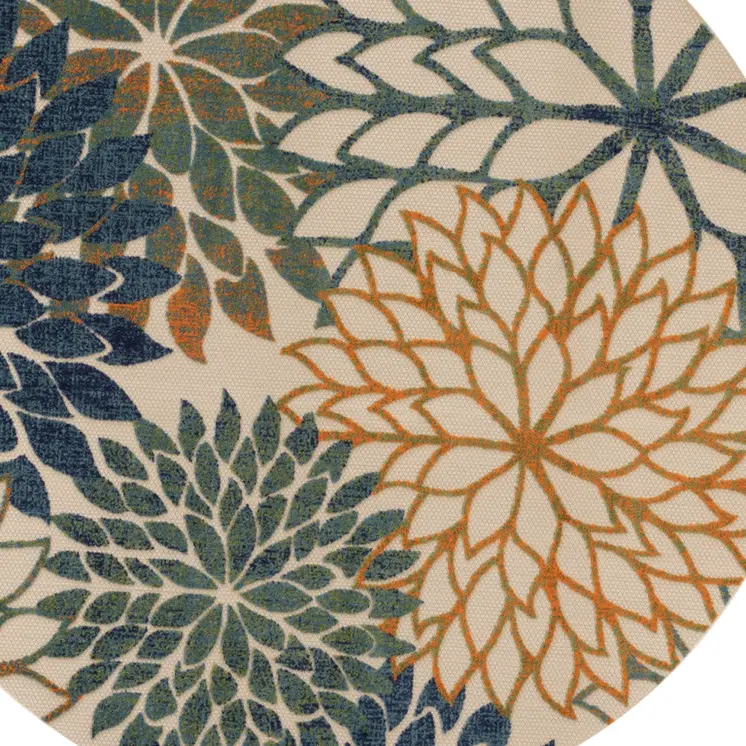 5' Blue Green And Yellow Round Floral Indoor Outdoor Area Rug