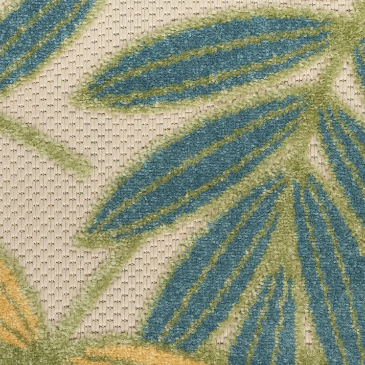 5' Green Yellow And Ivory Round Palm Leaf Indoor Outdoor Area Rug