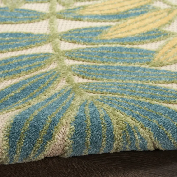 5' Green Yellow And Ivory Round Palm Leaf Indoor Outdoor Area Rug