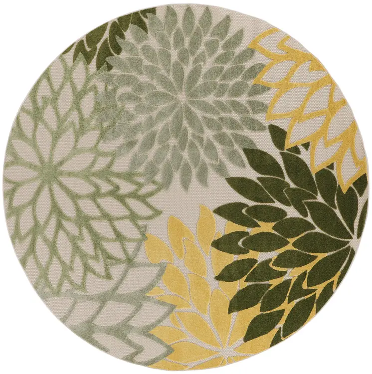 5' Green Yellow Ivory And Dark Green Round Floral Indoor Outdoor Area Rug