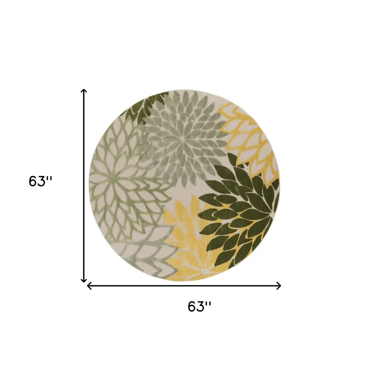 5' Green Yellow Ivory And Dark Green Round Floral Indoor Outdoor Area Rug
