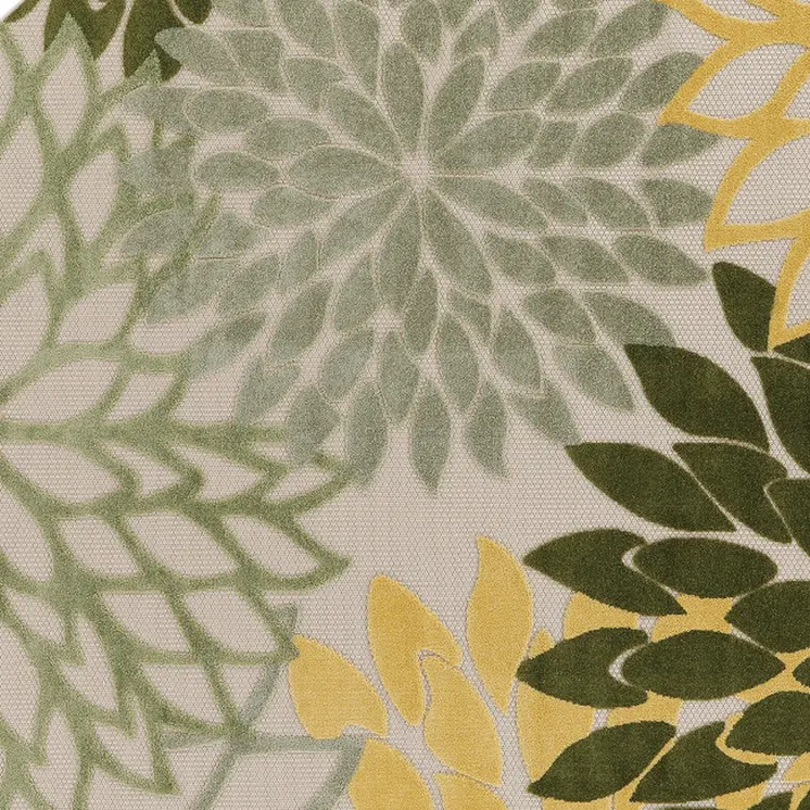 5' Green Yellow Ivory And Dark Green Round Floral Indoor Outdoor Area Rug