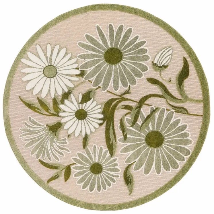 5' Ivory Green And Dark Green Round Floral Indoor Outdoor Area Rug