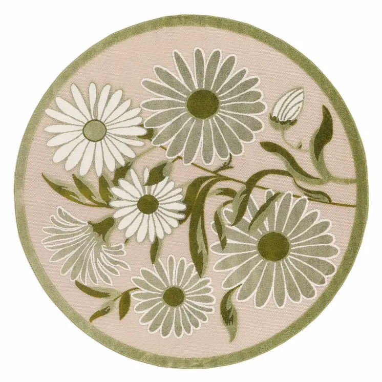 5' Ivory Green And Dark Green Round Floral Indoor Outdoor Area Rug