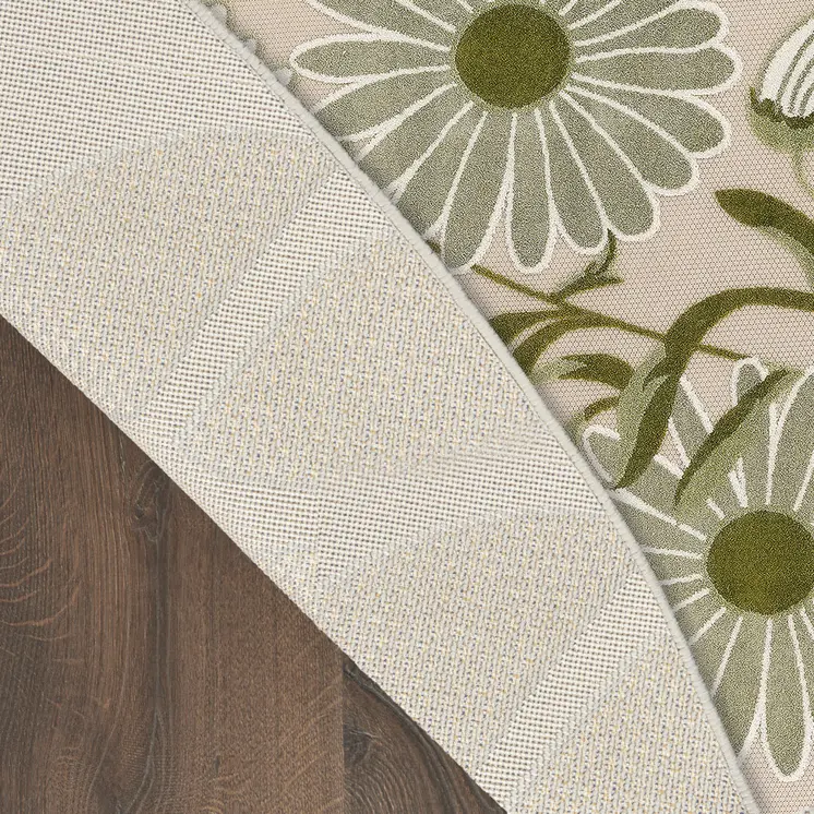 5' Ivory Green And Dark Green Round Floral Indoor Outdoor Area Rug