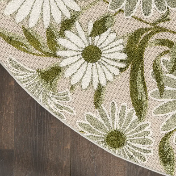5' Ivory Green And Dark Green Round Floral Indoor Outdoor Area Rug