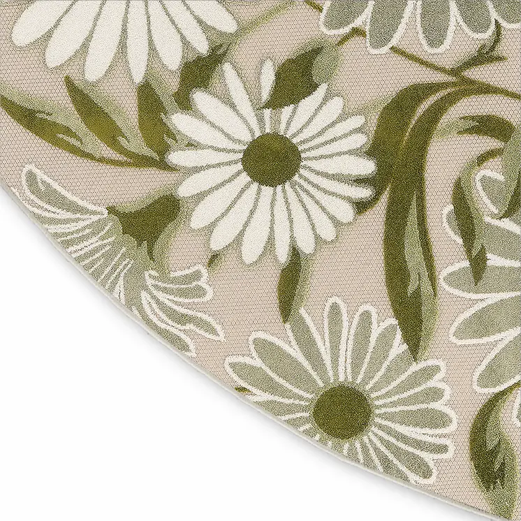 5' Ivory Green And Dark Green Round Floral Indoor Outdoor Area Rug