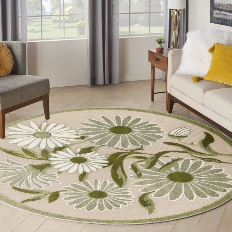 5' Ivory Green And Dark Green Round Floral Indoor Outdoor Area Rug