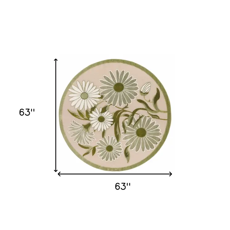 5' Ivory Green And Dark Green Round Floral Indoor Outdoor Area Rug