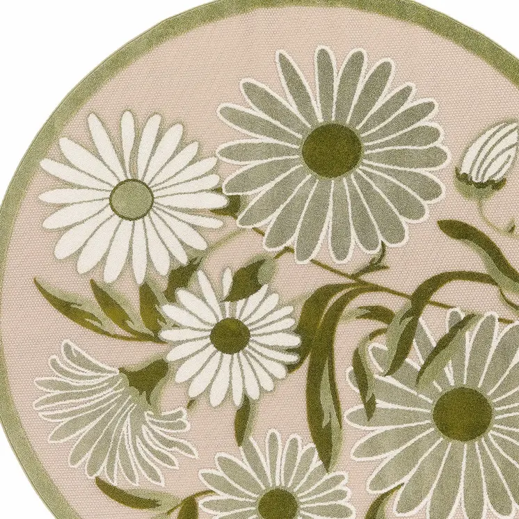 5' Ivory Green And Dark Green Round Floral Indoor Outdoor Area Rug