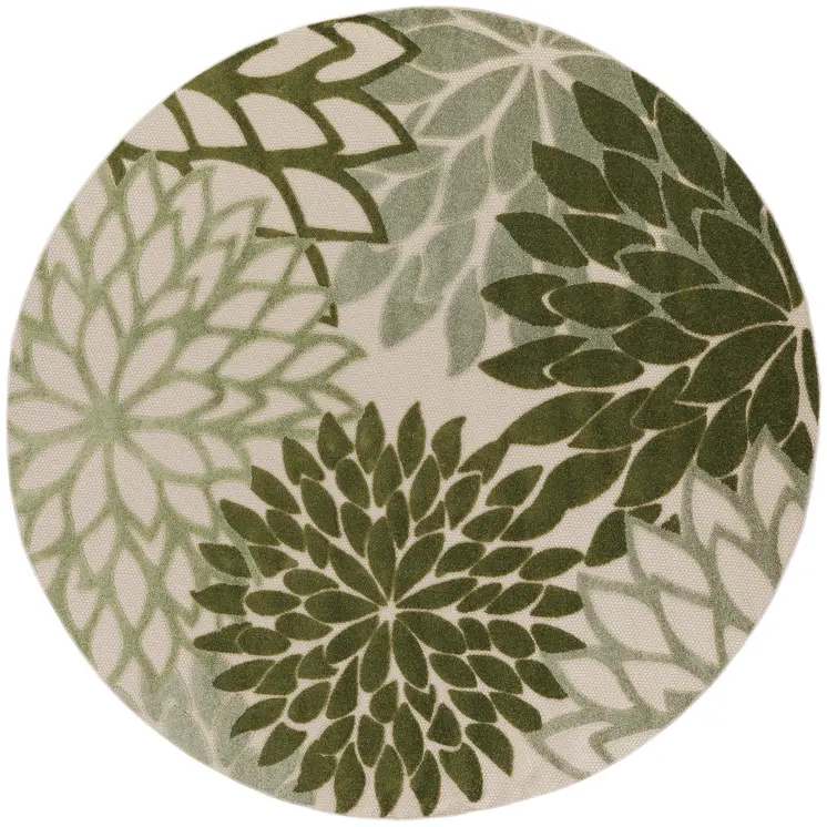 5' Ivory Green And Dark Green Round Floral Indoor Outdoor Area Rug