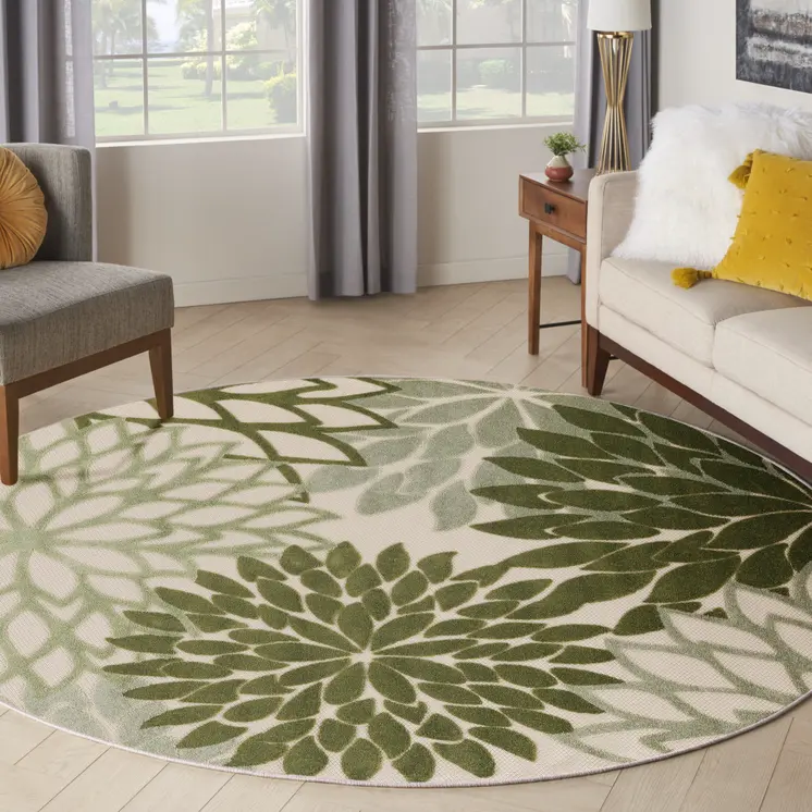 5' Ivory Green And Dark Green Round Floral Indoor Outdoor Area Rug