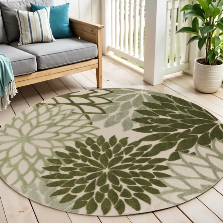 5' Ivory Green And Dark Green Round Floral Indoor Outdoor Area Rug