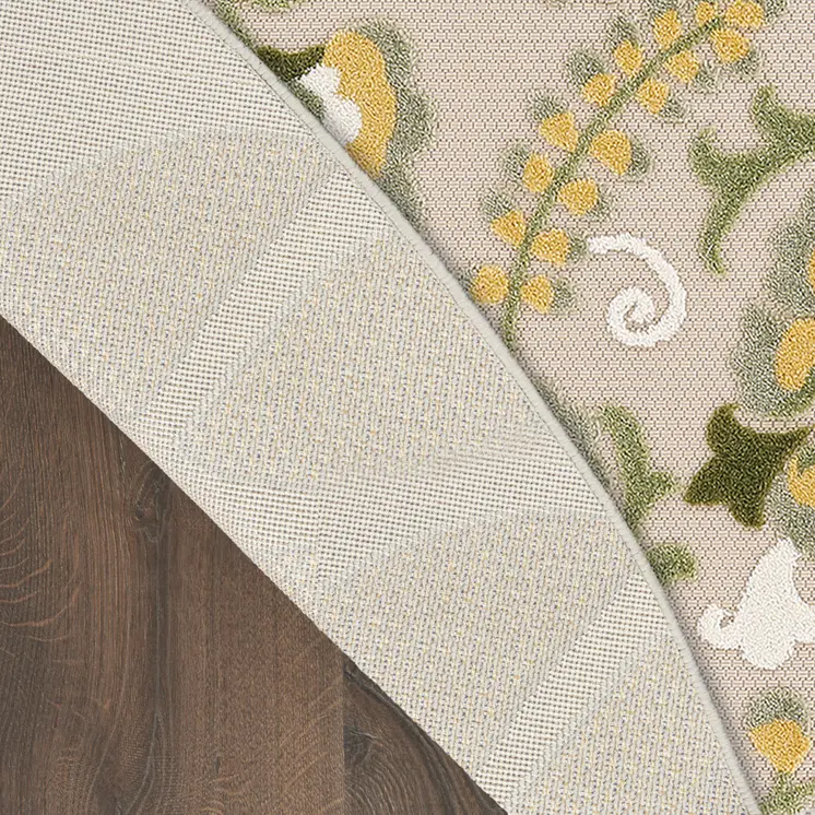 5' Ivory Green Dark Green And Yellow Round Floral Indoor Outdoor Area Rug