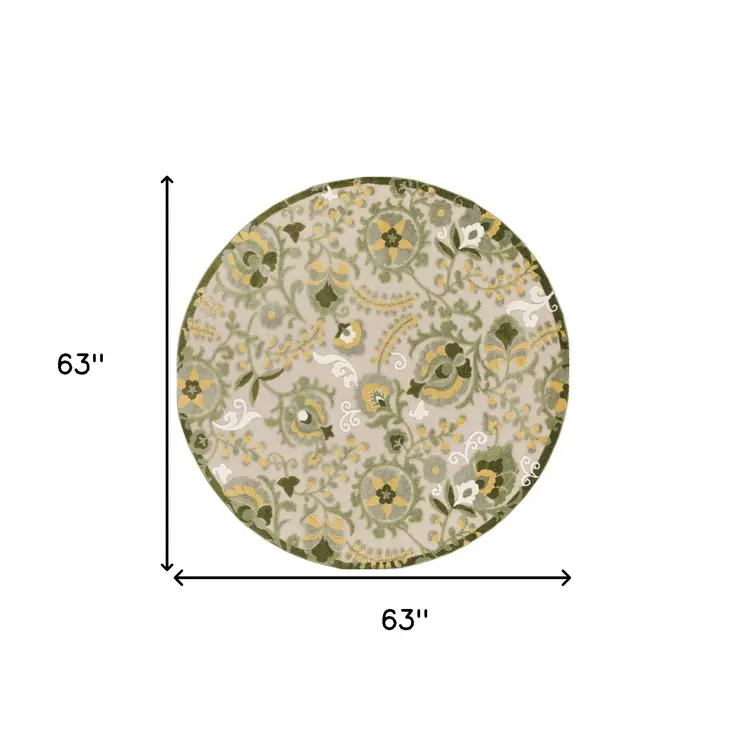 5' Ivory Green Dark Green And Yellow Round Floral Indoor Outdoor Area Rug