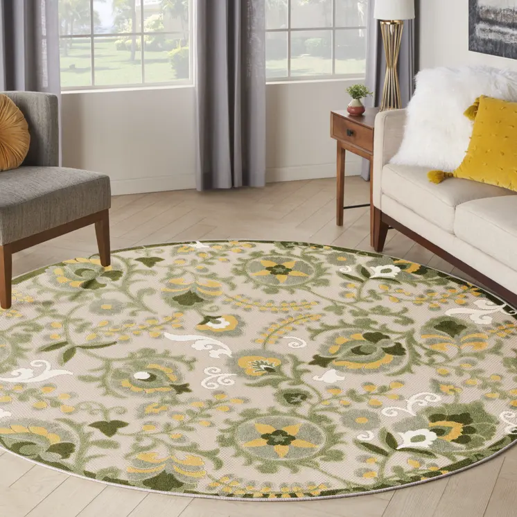 5' Ivory Green Dark Green And Yellow Round Floral Indoor Outdoor Area Rug