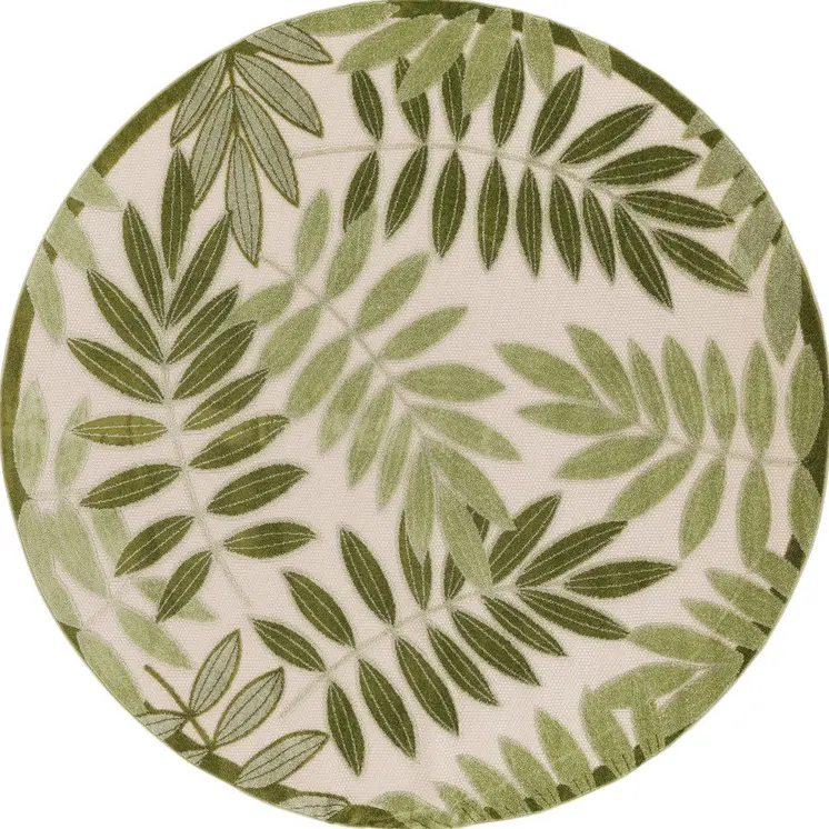 5' Ivory And Green Round Palm Leaf Indoor Outdoor Area Rug