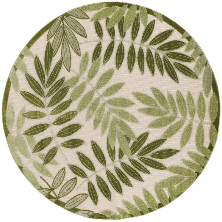 5' Ivory And Green Round Palm Leaf Indoor Outdoor Area Rug