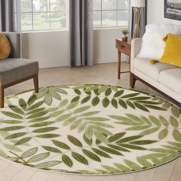 5' Ivory And Green Round Palm Leaf Indoor Outdoor Area Rug