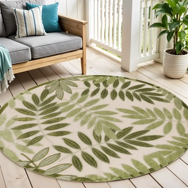 5' Ivory And Green Round Palm Leaf Indoor Outdoor Area Rug